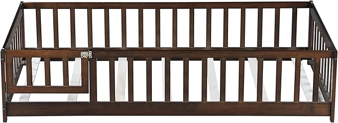Bellemave Twin Size Floor Bed for Kids, Girls, Boys, Rubber Wood Floor Bed with slats and Door, Espresso