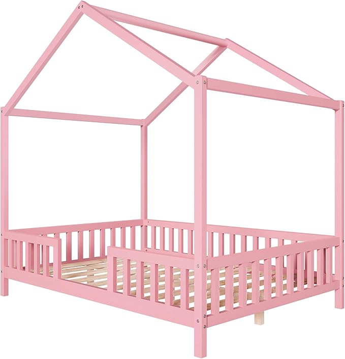 Montessori Floor Bed with Canopy, High Railings and Roof, Full Size Wood House Bed Frame for Kids Bedroom (Pink/C)