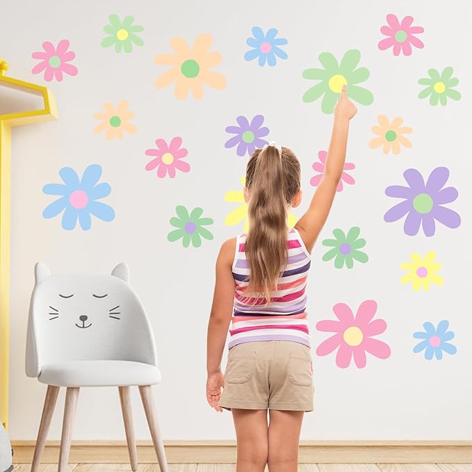 12 Sheets Daisy Wall Decals, Pastel Style Flowers Wall Stickers, Vinyl Peel and Stick Cute Boho Floral Decals, Large Daisy Floral Wall Decor for Girls Teens Nursery Bedroom Living Room