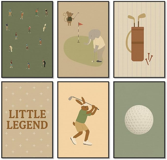 Golf Canvas Wall Art, Baby Boy Nursery Sports Posters, Animal Athletes Elephant Rabbit Pictures, Little Legend Charming Quote Print, Kids Bedroom Golf Course Wall Decor 8x12in Framed