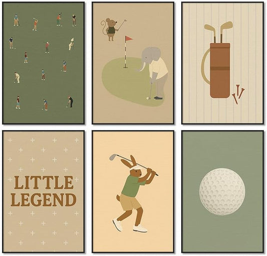 Golf Canvas Wall Art, Baby Boy Nursery Sports Posters, Animal Athletes Elephant Rabbit Pictures, Little Legend Charming Quote Print, Kids Bedroom Golf Course Wall Decor 16x24in Framed