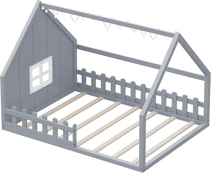 Merax Full-Size Wood House Bed with Window and Fence, Full Bed Frame for Teens, Boys, and Girls, Grey