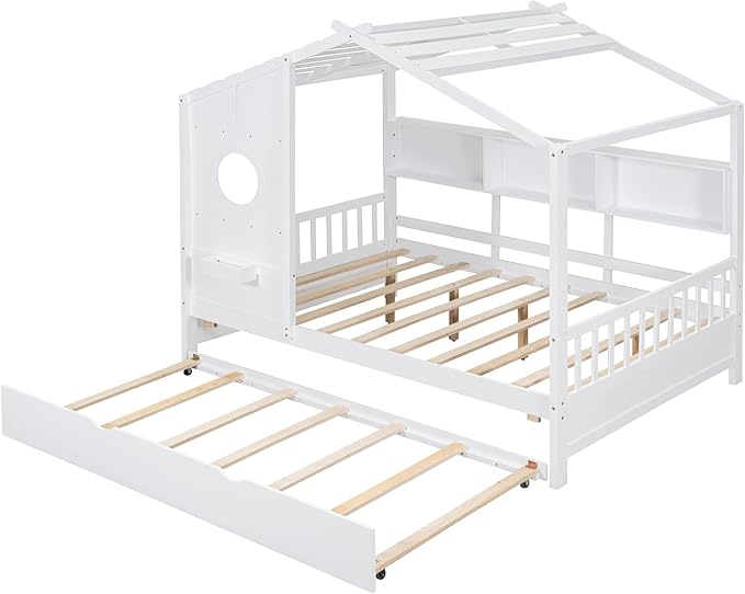 Harper & Bright Designs Kids Full Size House Bed with Trundle & Storage Shelf, Wood Full Size Platform Bed Frame with Roof, House Bed for Boys, Girls, White