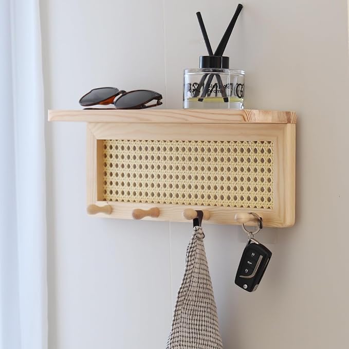 FRIADE PE Rattan Key Holder with 4 Key Hooks,Wall Mounted Decorative Floating Shelf for Entryway,Nursery,Mudroom, Hallway, Office (Burlywood)