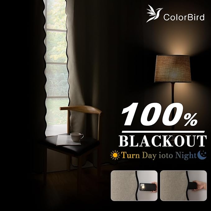 ColorBird Linen Blackout Curtains Scalloped Tan 100% Black Out Winter Thermal Insulated Curtains & Drapes 63 Inch Long for Living Room Bedroom Dining Room Closet Window Treatment