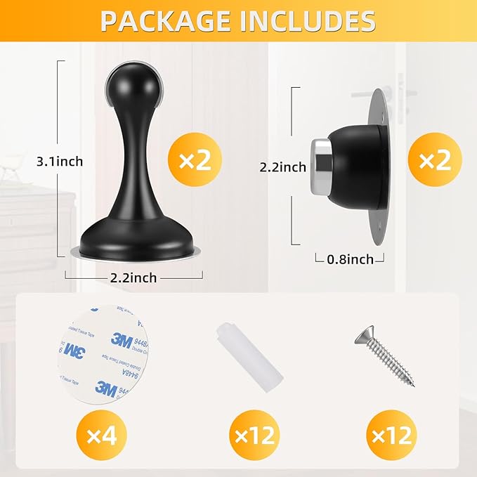 4 Pack Magnetic Door Stop No Drilling Door Stop with 3D Adhesive Tapes Keep Door Open Door Stainless Steel Screws for Stronger Mount (Black)