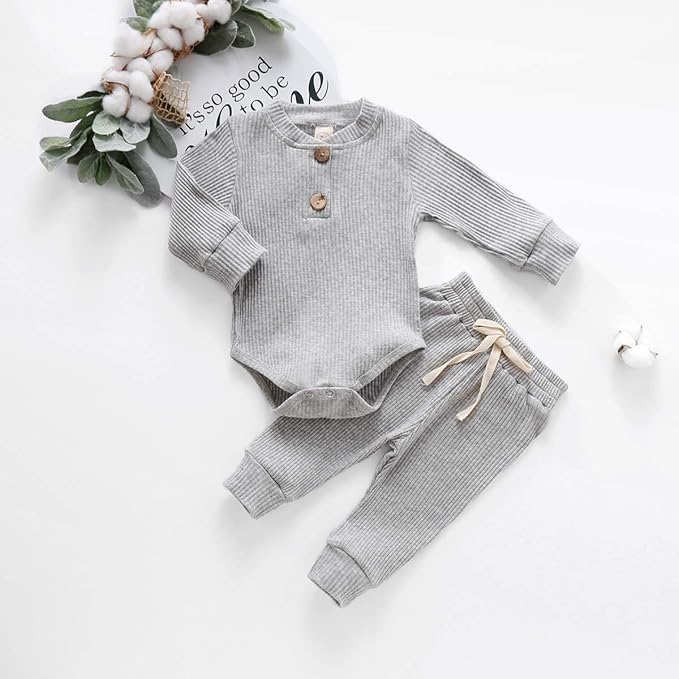 Newborn Baby Boy Girl Clothes Ribbed Knitted Cotton Long Sleeve Romper Long Pants Solid Color Fall Winter Outfits