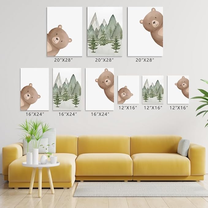 Peeking Bear Nursery Wall Decor, Woodland Nursery Nature Print, Neutral Baby Animals Wall Art for Kid Bedroom, Forest Mountain Wall Art for Baby Boy Girl Bedroom, Framed Canvas, 12"x16"x3