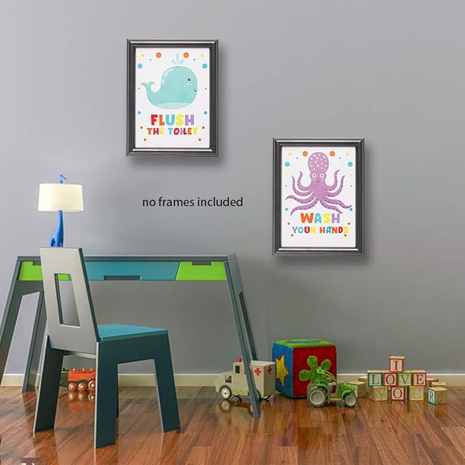 Funny Colorful Bathroom Ocean Life Quotes Art Print, Wash Splash Flush Brush Bathroom Canvas Wall Art Printing, Pufferfish Shark Whale Octopus For Kids Washroom Decor, Set of 4 8X10 inch, No Frame