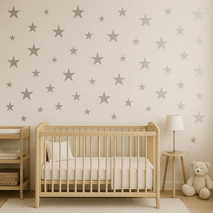 Assorted Silver Star Wall Vinyl Decals Stickers - 112pcs (1.18" to 1.97" Sizes) – Easy Peel and Stick, Perfect for Nursery, Kids Room, Bedroom Décor by BugyBagy