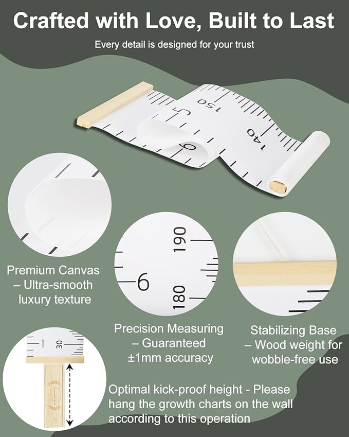 6.5FT Growth Chart for Kids with Wooden Keepsake Box - HZZHE Children Height Measurement Kit Includes Marker Pen & Wall Hook, Height Tracker Ruler Baby Essentials, Nursery Room Decor for Baby to Teen
