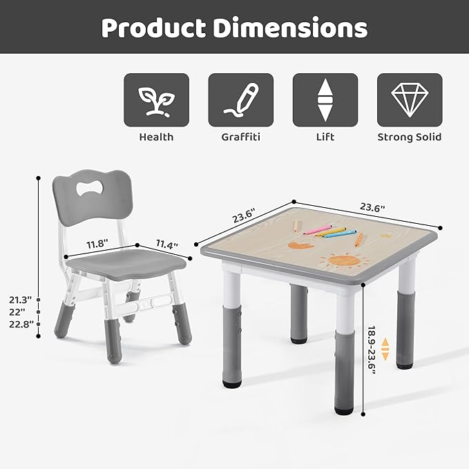 Kids Table & Chairs Set (2 Chairs) Height Adjustable for Ages 2-8 | Non-Slip Toddler Activity Table with Wipe-Clean Desktop, Montessori Learning & Art Drawing Tables for Home Preschool