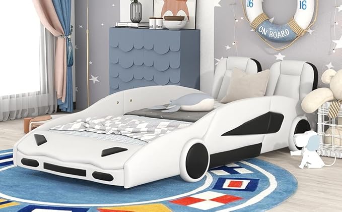 Twin Size Race Car-Shaped Platform Bed Bedframe with Wheels, 89" L x 43.75" W x 27" H White