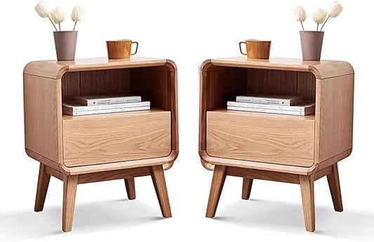 Solid Wood Nightstand Set of 2, Mid Century Modern Nightstands with Drawer, Small Nightstand with Open Storage, Small Bedside Table for Bedroom, Dormitory(Natural Wood Color)