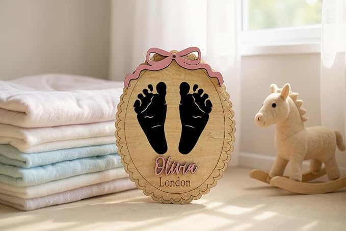Personalized Baby Announcement Footprint Sign, Oval Scalloped Plaque – Newborn Photo Prop & Nursery Keepsake (Footprint Sign)