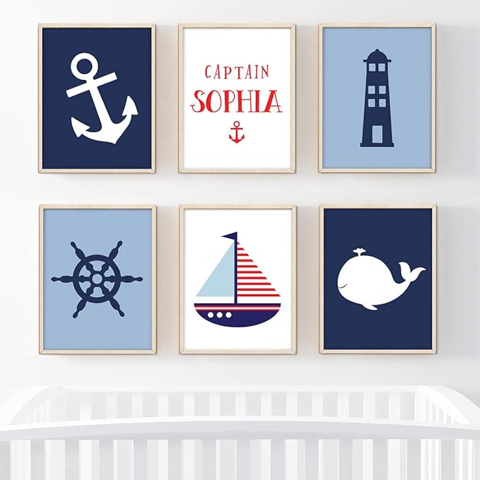 Andaz Press Personalized Ocean Nautical Sailor Theme Nursery Kids Bedroom Hanging Wall Art Decor, 8.5x11-inch, Navy Blue Theme, Boat, Anchor, Lighthouse, 6-Pack, Custom Unframed Room Poster