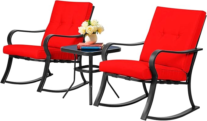 SUNCROWN Outdoor 3-Piece Rocking Chairs Patio Bistro Set Black Steel Furniture with Thickened Cushion and Glass-Top Coffee Table, Red