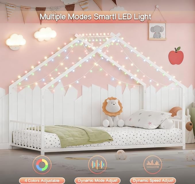 Bellemave Twin Size Montessori Floor Beds with Slats for Kids, Metal Twin House Bed for Kids, White with Slats and Lights