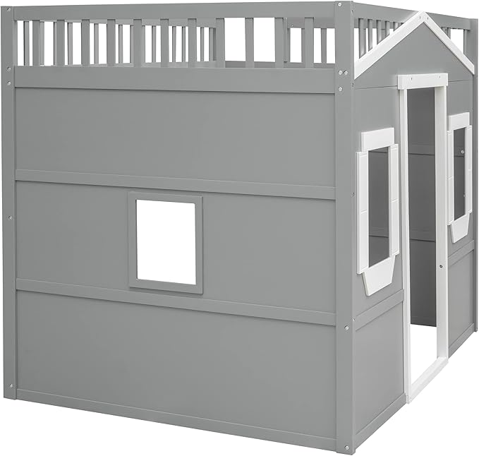 Full Size Loft Bed with Safety Guardrail for Kids Boys Girls, Playhouse Design Solid Wood Loft Bed Frame with Ladder and Windows, Strong Wood Slats Support, Space-Saving (Gray+White)