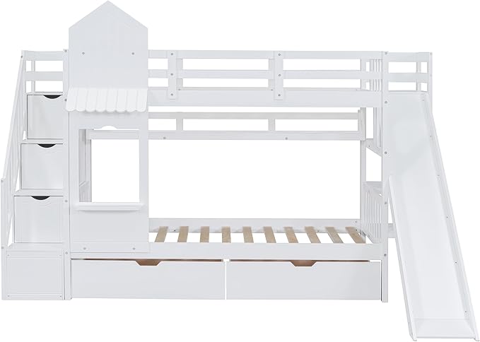 Twin-Over-Twin Bunk Beds Castle Style Bunk Bed with 2 Drawers 3 Shelves and Slide - White