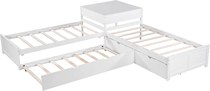 Harper & Bright Designs L-Shaped Platform Bed Frame with Trundle and Drawers Linked with Built-in Desk for Kids Boys Girls, Twin, White