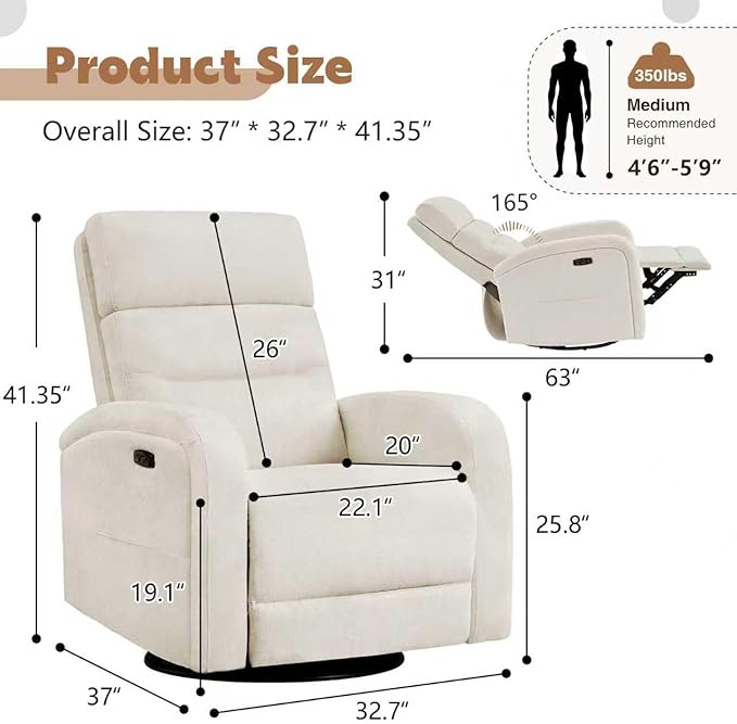 Glider Recliner Nursery Chair, Power Swivel Rocker Recliner with Adjustable Backrest Support, Swivel Rocking Nursery Recliner Chairs with USB and Type-C Ports for Living Room, Chenille Cream White