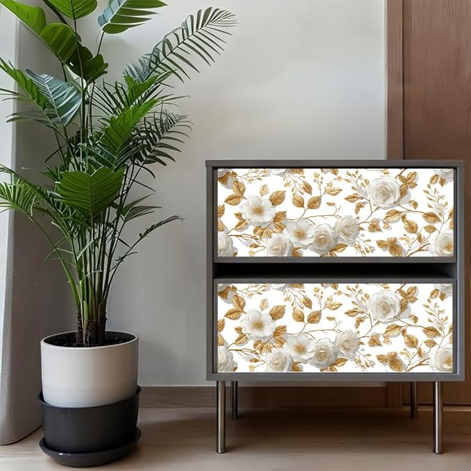 Gold Leaf Flower PVC Wallpaper Sticker 39.37x15.75 Inch White Blossom and Branch Pattern Self Adhesive Decorative Wall Decal for Living Room Bedroom Luxury Home Decor