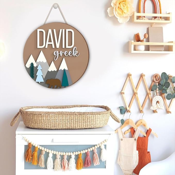 Bear and Mountain Nursery Decor – Custom Round Wood Name Sign for Kids Room – Personalized Baby Name Door Hanger, Toddler Room Decor, Boys Room Wall Art
