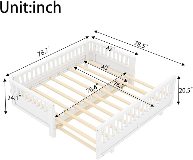 KEIKI Solid Wood Expandable Twin Size Floor Bed for Kids with Guardrails, Can Be Converted into a Double Twin Bed Platform, Montessori Low Profile Bedframe Daybed for Girls Boys, No Box Spring Needed