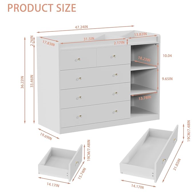 Baby Changing Table Dresser Diaper Change Table with 5 Drawers Storage Changing Station Dresser for Infant Mobile Nursery Organizer for Newborn,White