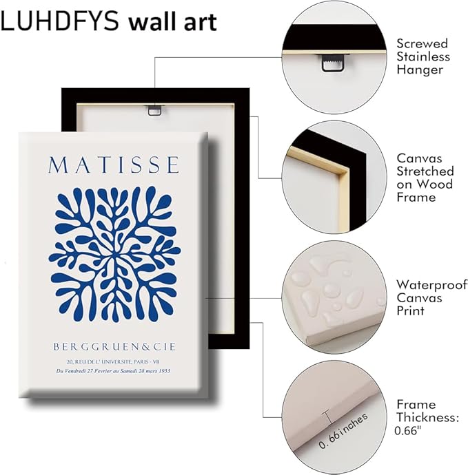 LUHDFYS Blue Matisse Canvas Wall Art Print,Abstract Matisse Wall Art Exhibition Posters Set of 3,Navy Blue Canvas Prints,Landscape Aesthetic Decor for Bedroom Bathroom Living Room Wrapped Canvas