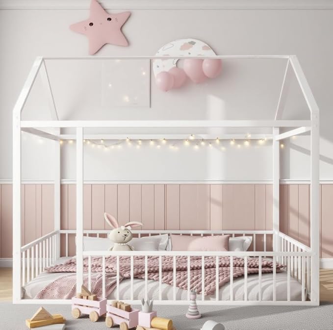 Bellemave Twin Size Montessori Floor Bed, Metal House Bed Frame for Kids, Montessori Floor Beds with Fence,White