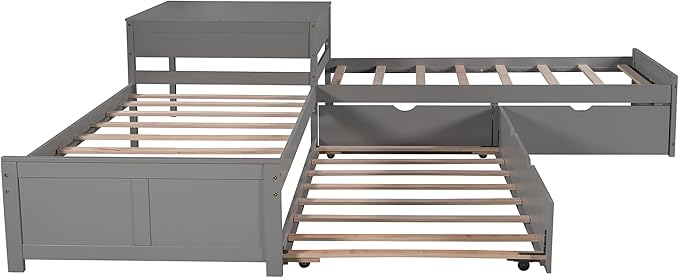 Harper & Bright Designs L-Shaped Platform Bed Frame with Trundle and Drawers Linked with Built-in Desk for Kids Boys Girls, Twin, Gray