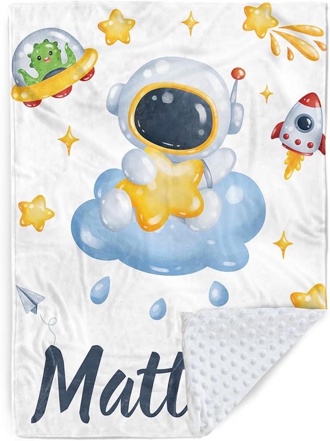 Personalized Baby Blanket with Name, Custom Space Astronaut Theme Blanket for Kids, Soft Flannel Bed Throw Blanket Swaddle for Newborn, Customizable Baby Gift & Nursery Blanket(60" x80)