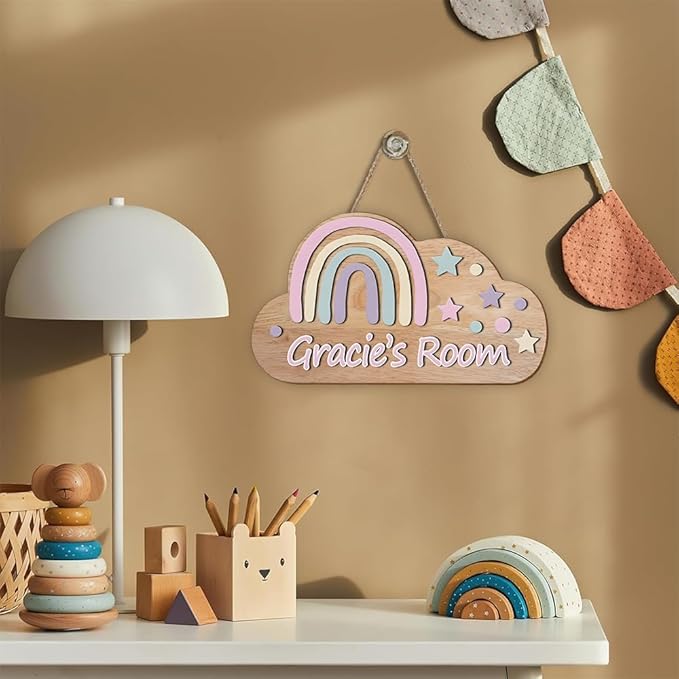 Personalized Wooden Rainbow Name Sign | Custom Cloud Door Sign for Girls Room Decor, Nursery Wall Art, Bedroom Decoration, Playroom Wall Hanging