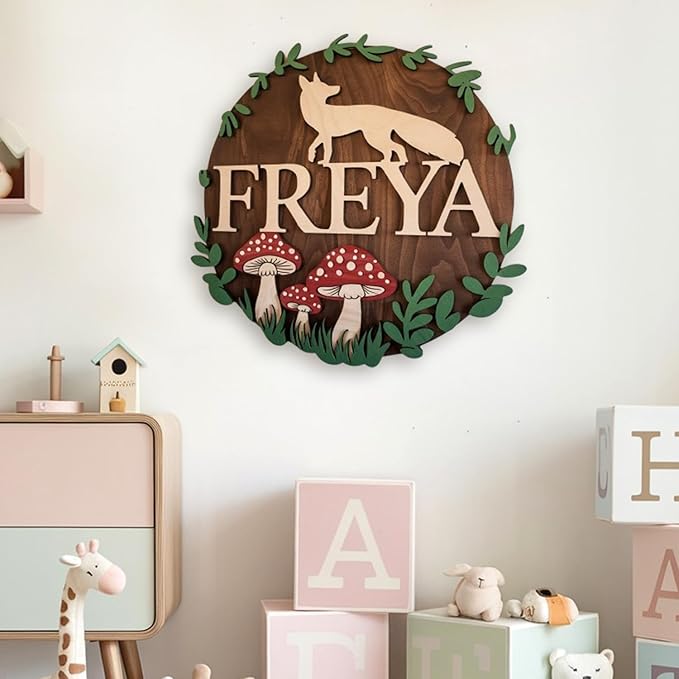 Personalized Nursery Sign, Animals Wooden Sign with Name, Hello World Newborn Sign, Fox Sign for Kid Room Decor, Baby Gifts for Boy, Custom Baby Name Sign, Baby Boy Wall Art Bedroom