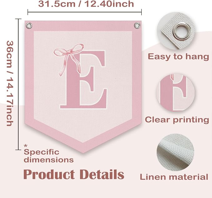 Lacama Initial Personalized Preppy Banner, Baby Girl Nursery Shower Decor Gifts, Coquette Pink Bow Teen Girl Gifts, Vintage Room Decor Toddler Room Bedroom Playroom Front Door Birthday Gift(E)