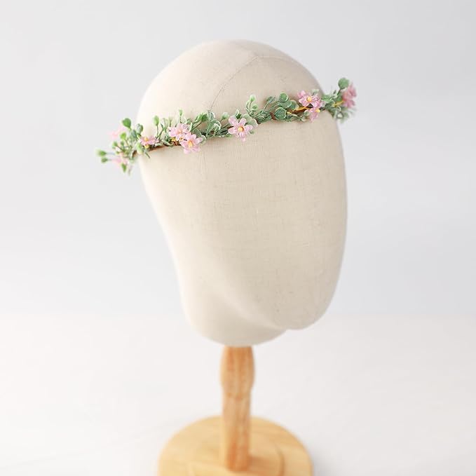 Handmade Pink Flower Crown Girls Hair Wreath Bridal Flower Headband Green leaf Headpiece Floral Hair Accessories for Weeding Birthday Party Cosplay