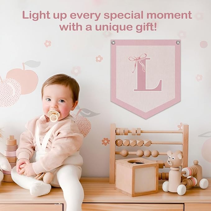 Lacama Initial Personalized Preppy Banner, Baby Shower Decor Girl Nursery Decor, Coquette Pink Bow Teen Girl Gifts, Vintage Room Toddler Room Bedroom Playroom Front Door Birthday Gift(L)