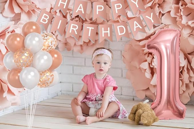 Rose Gold 40inch Number 1 Balloon, First Birthday Decorations For Girl With Rose Gold White Confetti Balloons, Happy Birthday Banner Large 1 Balloon For Baby Girl Princess Birthday Party Decor