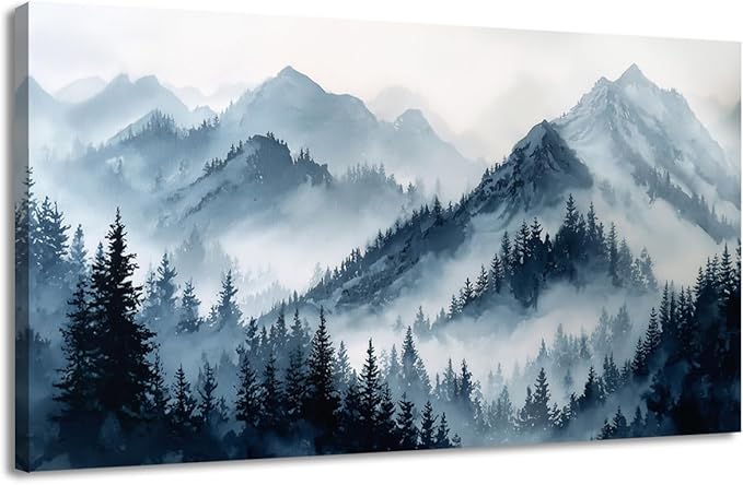Blue Forest Canvas Wall Art Nature Foggy Mountains Landscape Pictures for Living Room Misty Watercolor Pine Tree Wall Decor Indigo Woodland Scenery Canvas Prints Artwork Office Home Decoration 12"x24"