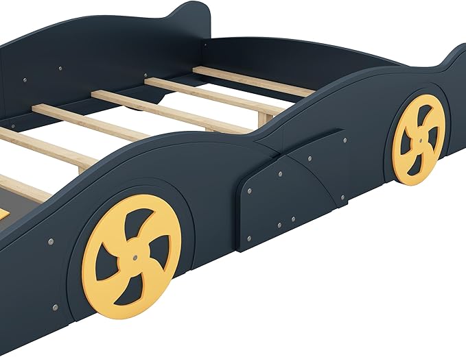 Full Size Race Car-Shaped Platform Bed with Wheels and Storage,Wood Car Bed Frame W/Guardrails,No Box Spring Required,for Boys Toddlers Kids Child's Bedroom,Dark Blue+Yellow