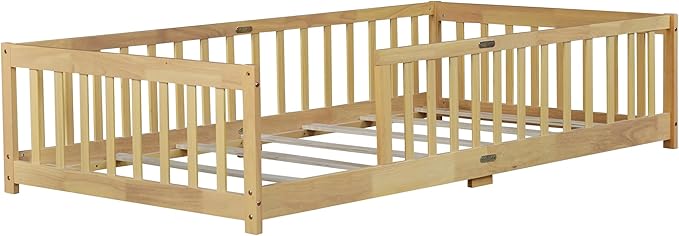 Ball & Cast Twin Size Floor Bed Frame,Montessori Floor Bed with Safety Fence,Wood Platform Toddler Bedframe for Girls Boys,Bedroom,Playroom,Easy Assembly & No Box Spring Needed,Natural