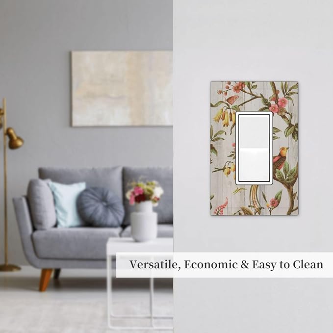 Flowers Bird Tree Retro Spring Floral Branch 1 Gang Light Switch Cover Single Rocker/Gfci Device Decorative Wall Plate Standard Size Receptacle Oriental Chinese Landscape Drawn Outlet Cover Plates