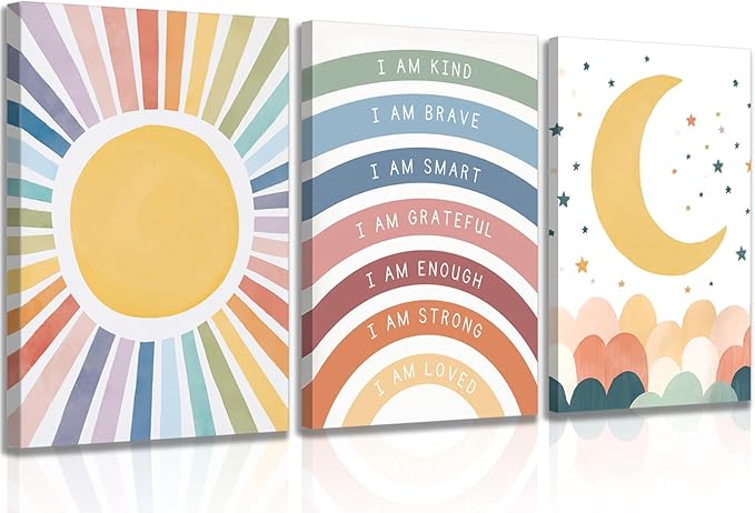 KBIERQN 3Pcs Boho Sun moon Canvas Wall Art Nursery Positive Affirmations Rainbow Poster Prints Bohemian Star Heart Picture for Toddler Baby Girls Room Playroom Bedroom Wall Decor 16x24in Framed
