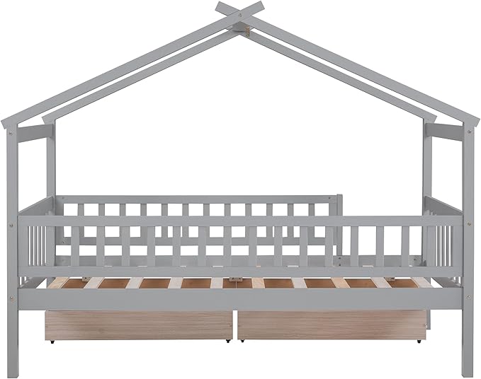 Merax Twin Size Wooden House Bed with Two Drawers, Wood Bed Frame with Roof and Safety Guardrail for Kids, Teens, Boys or Girls, Gray