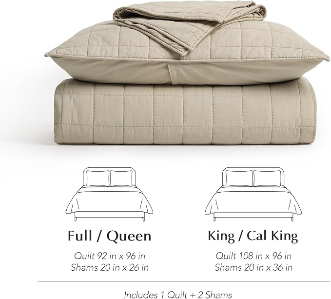 EVERGRACEHOME 100% Cotton Box Stitch Quilt Bedding Set King Size 3 Pieces, Garment-Washed Lightweight Soft Cozy Coverlet, Oversized Quilted Bedspread Sets with 2 Shams for All Season, Pebble Khaki