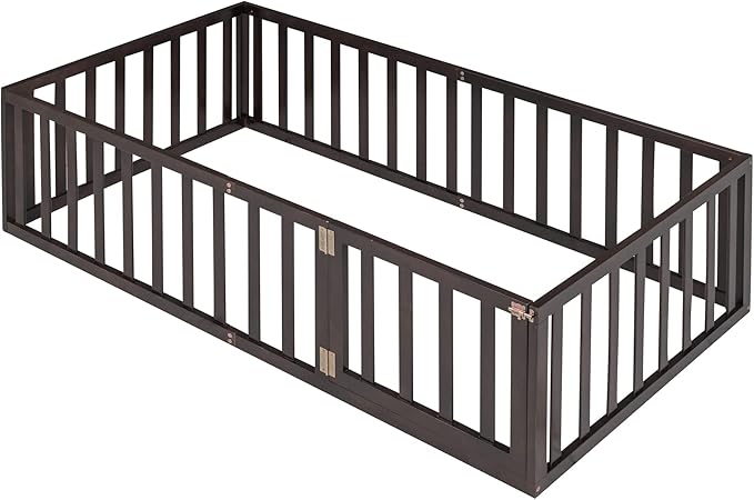 Merax Twin Floor Bed with Safety Guardrails and Door, Wood Montessori Floor Bed Frame for Kids, Twin Playhouse Bed Frame for Baby Girls and Boys, Walnut
