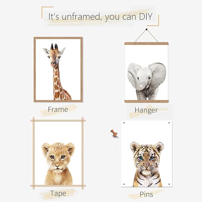 calmart Jungle Safari Animal Prints, Wall Art, 6 Pack, Unframed, Modern, Contemporary, Animal Theme, Waterproof, Landscape Orientation, Glossy Finish, Kids' Room Decor, Safari Themed Party Decor