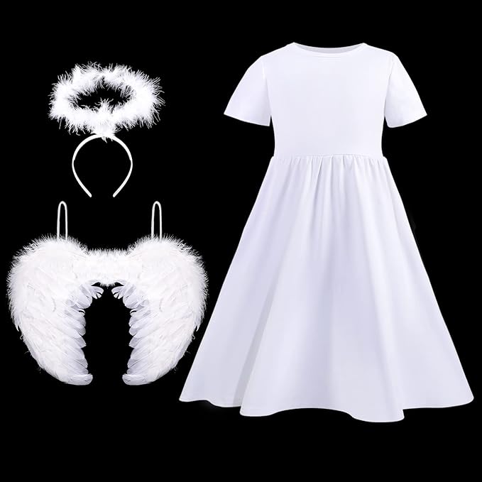 Haysandy 3 Pcs Christmas Angel Costumes for Kids Girls Set Fairy Dress Angel Feather Wings Headband for Xmas Dress up Cosplay